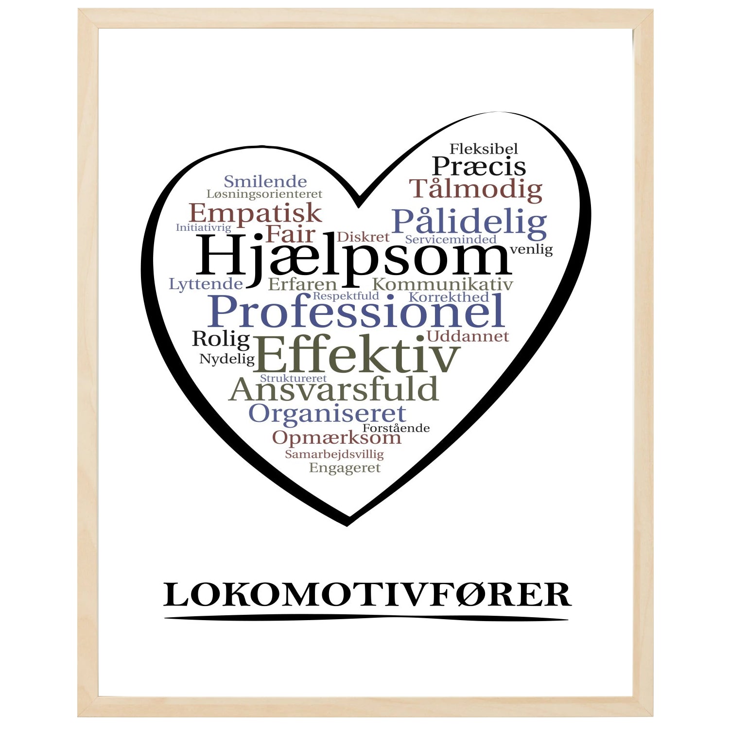 En plakat med overskriften Lokomotivfører, et hjerte og indeni hjertet mange positive ord som beskriver en Lokomotivfører