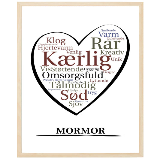 En plakat med overskriften Mormor, et hjerte og indeni hjertet mange positive ord som beskriver en Mormor