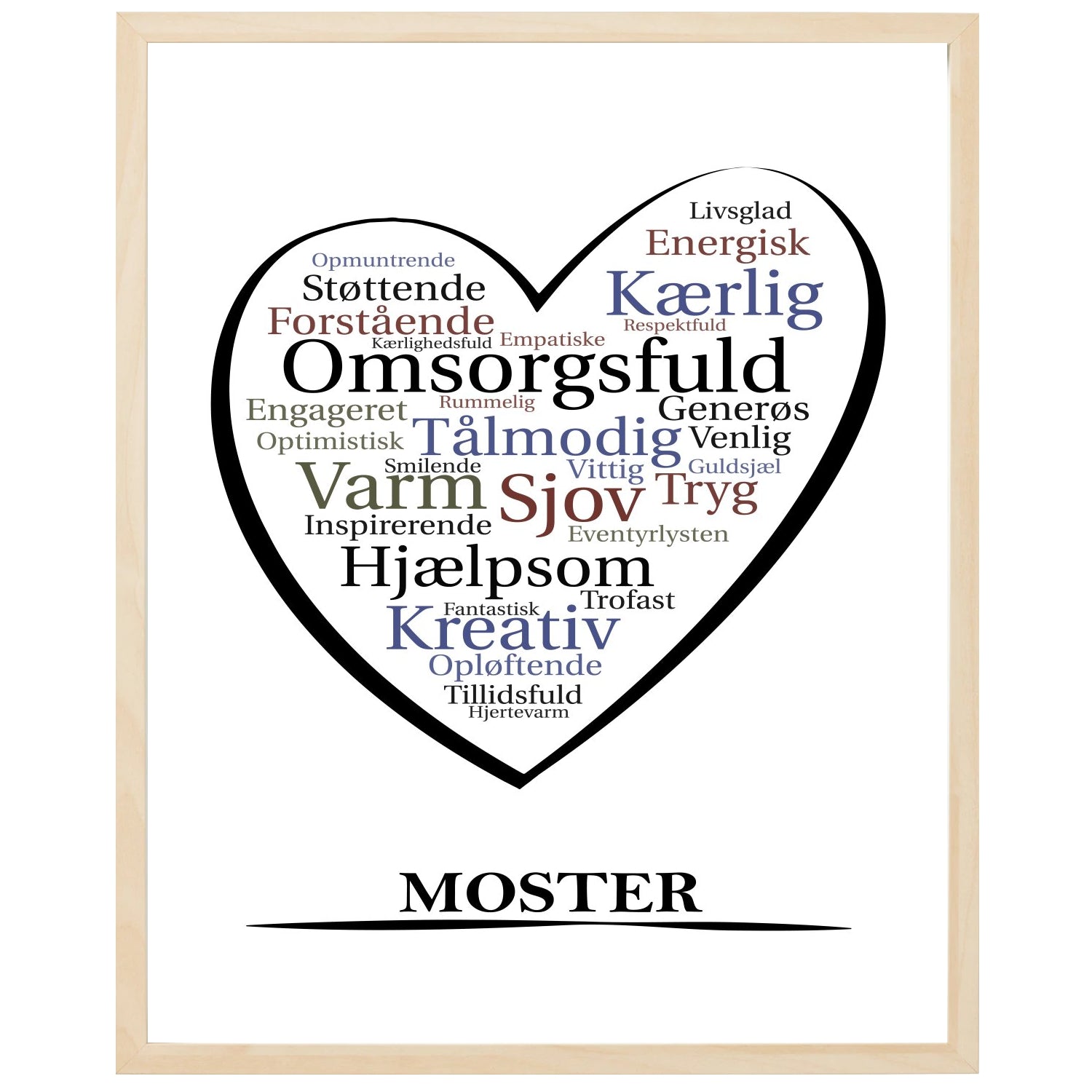 En plakat med overskriften Moster, et hjerte og indeni hjertet mange positive ord som beskriver en Moster