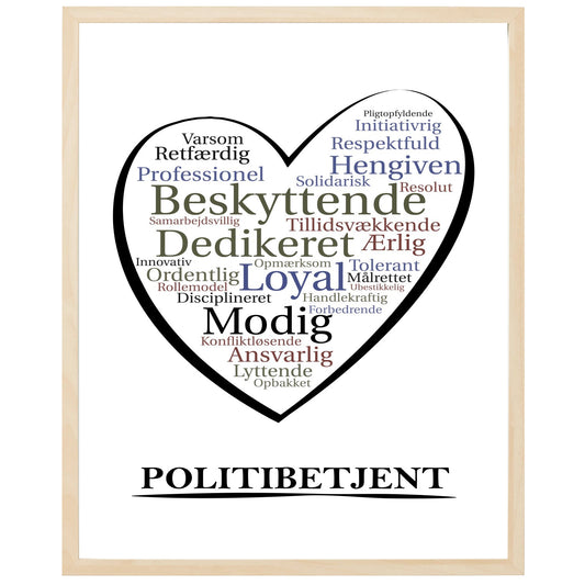 En plakat med overskriften Politibetjent, et hjerte og indeni hjertet mange positive ord som beskriver en Politibetjent