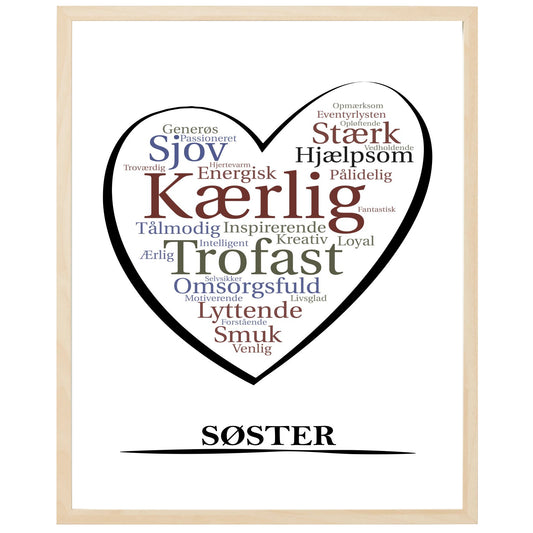 En plakat med overskriften Søster, et hjerte og indeni hjertet mange positive ord som beskriver en Søster