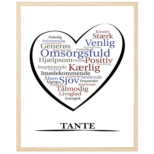 En plakat med overskriften Tante, et hjerte og indeni hjertet mange positive ord som beskriver en Tante