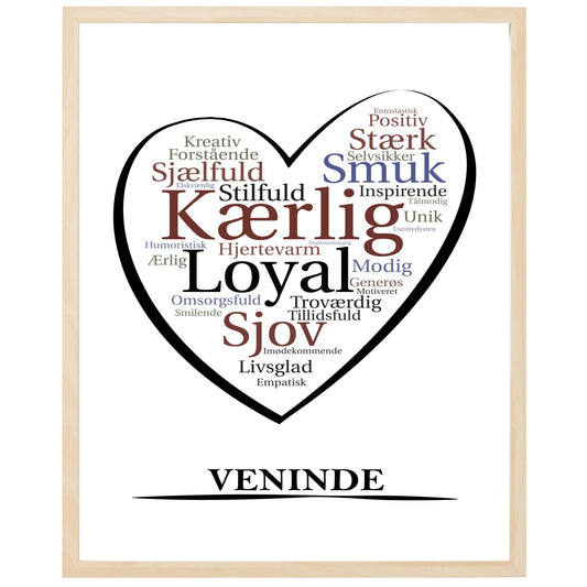 En plakat med overskriften Veninde, et hjerte og indeni hjertet mange positive ord som beskriver en Veninde