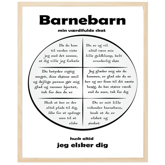 En plakat med overskriften Barnebarn, en rustik cirkel og indeni cirklen mange positive sætninger som beskriver en Barnebarn