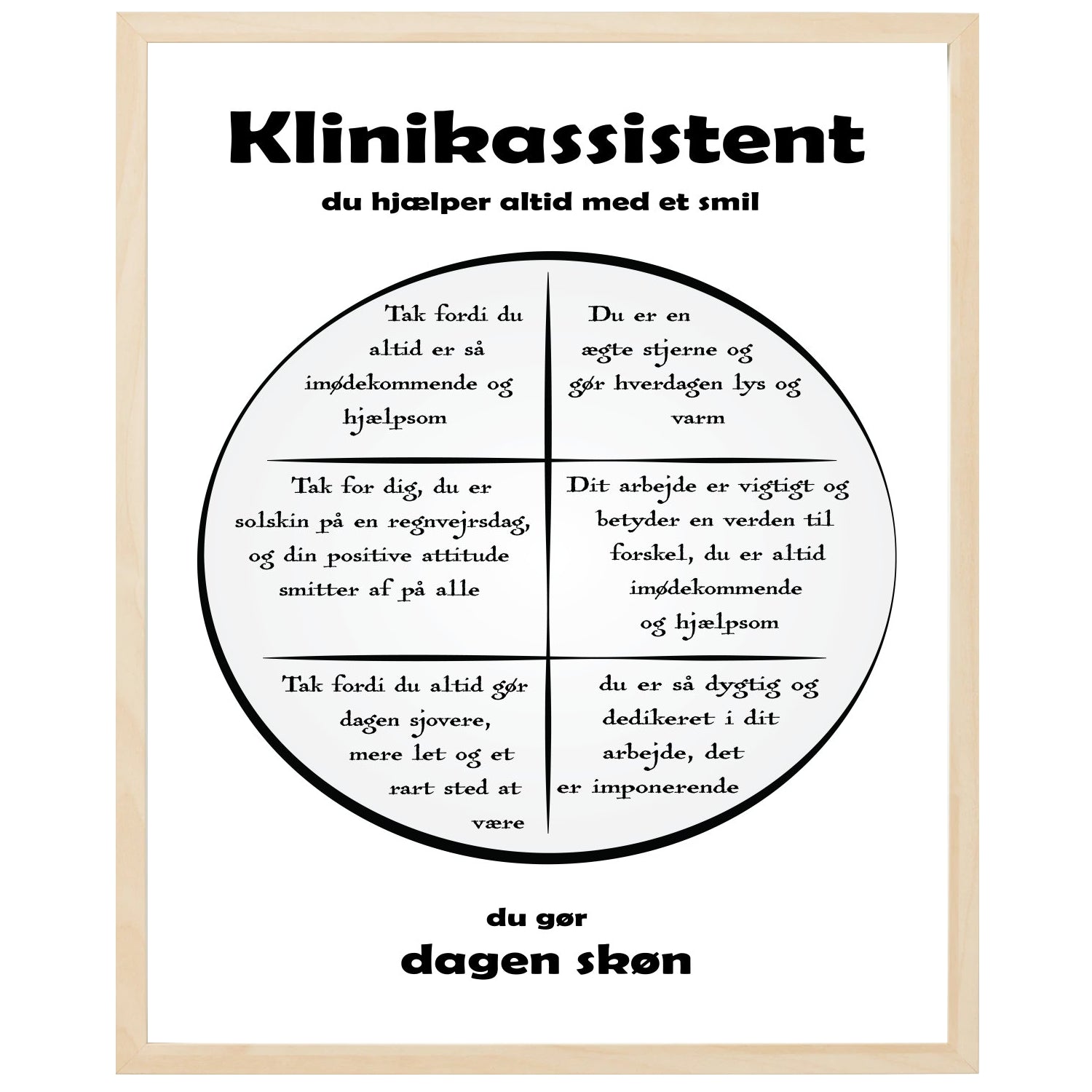 En plakat med overskriften Klinikassistent, en rustik cirkel og indeni cirklen mange positive sætninger som beskriver en Klinikassistent