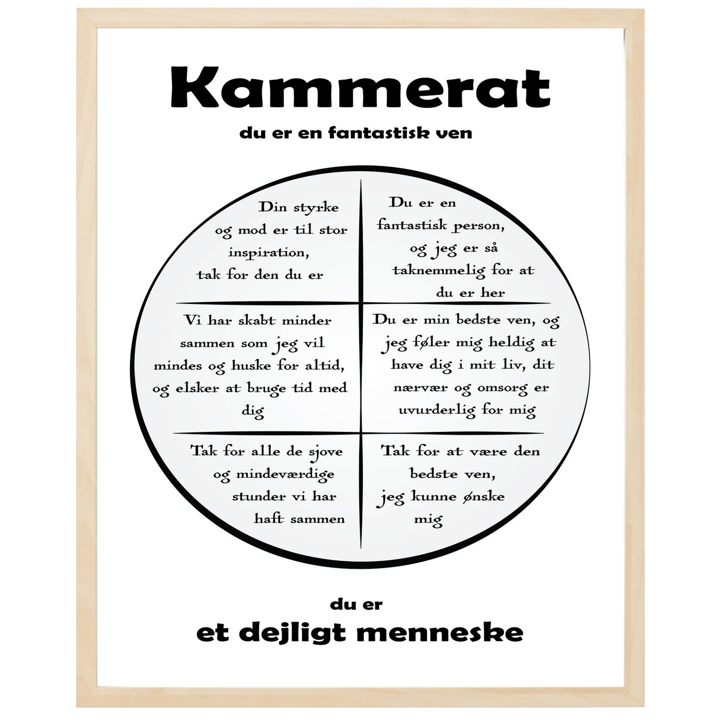 En plakat med overskriften Kammerat, en rustik cirkel og indeni cirklen mange positive sætninger som beskriver en Kammerat