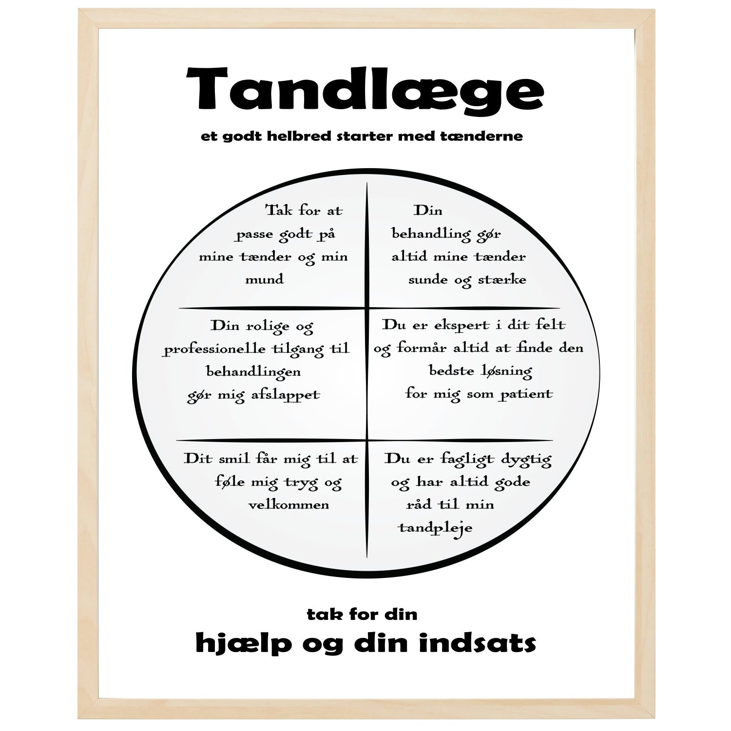 En plakat med overskriften Tandlæge, en rustik cirkel og indeni cirklen mange positive sætninger som beskriver en Tandlæge