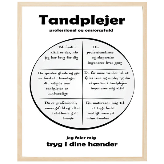 En plakat med overskriften Tandplejer, en rustik cirkel og indeni cirklen mange positive sætninger som beskriver en Tandplejer