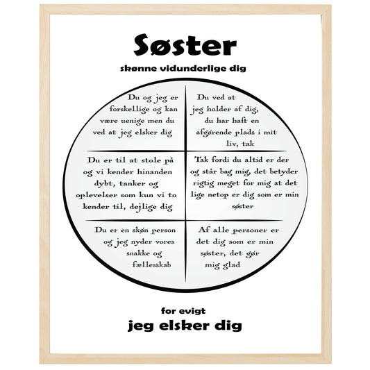 En plakat med overskriften Søster, en rustik cirkel og indeni cirklen mange positive sætninger som beskriver en Søster