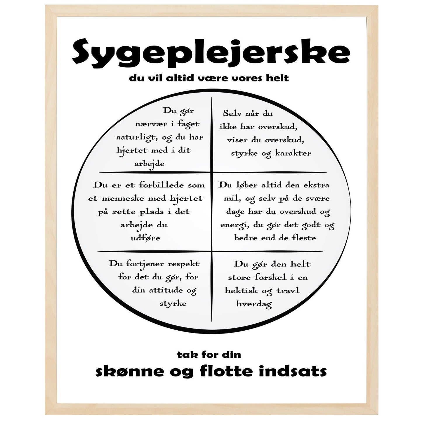 En plakat med overskriften Sygeplejerske, en rustik cirkel og indeni cirklen mange positive sætninger som beskriver en Sygeplejerske