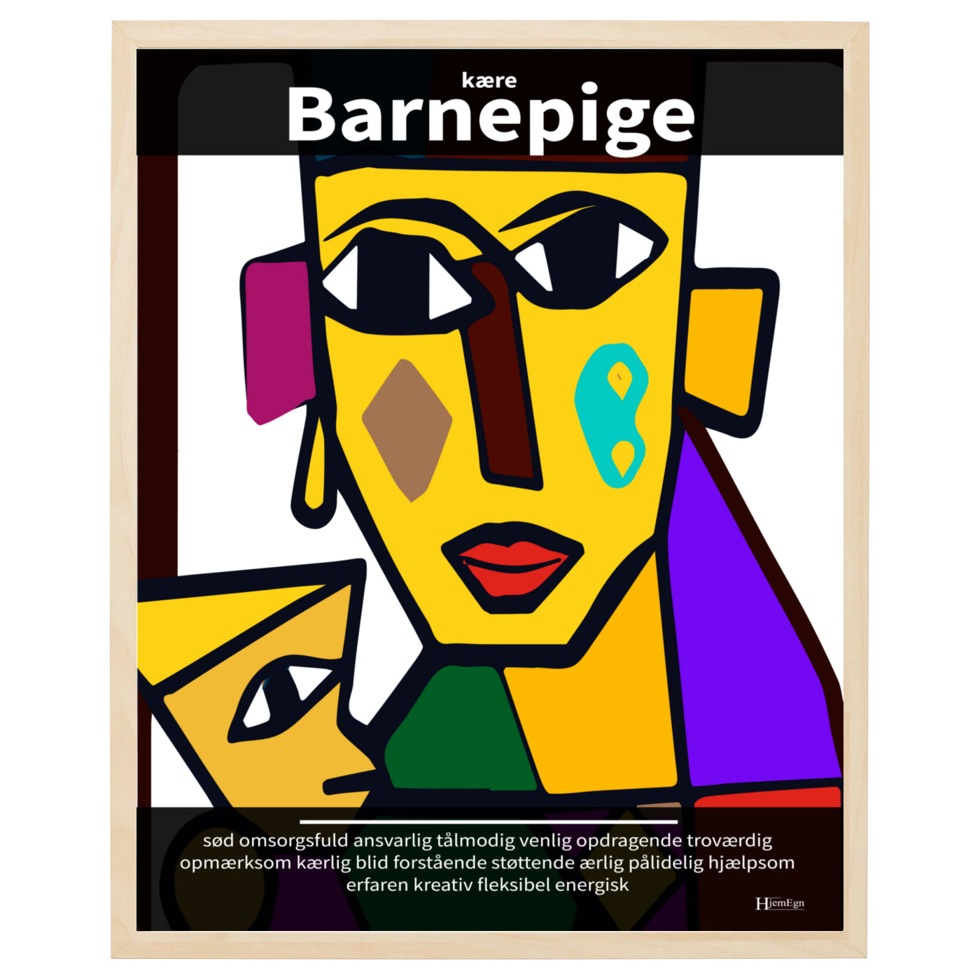 barnepige plakat i farver, gengivende en dagplejer i abstrakt og moderne udtryk og med opmuntrende citater og ord om en barnepige