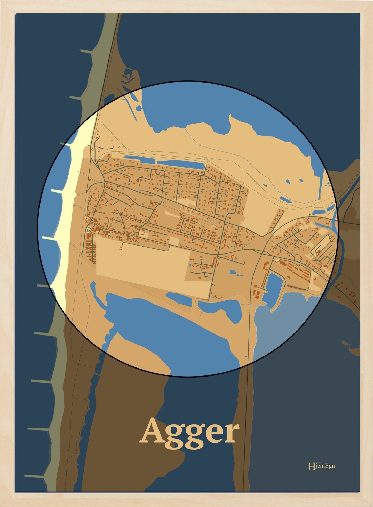 Agger plakat i farve pastel brun og HjemEgn.dk design centrum. Design bykort for Agger