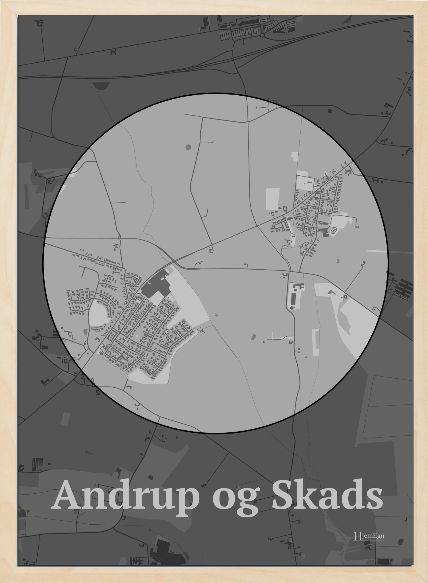 Andrup Og Skads plakat i farve pastel grå og HjemEgn.dk design centrum. Design bykort for Andrup Og Skads