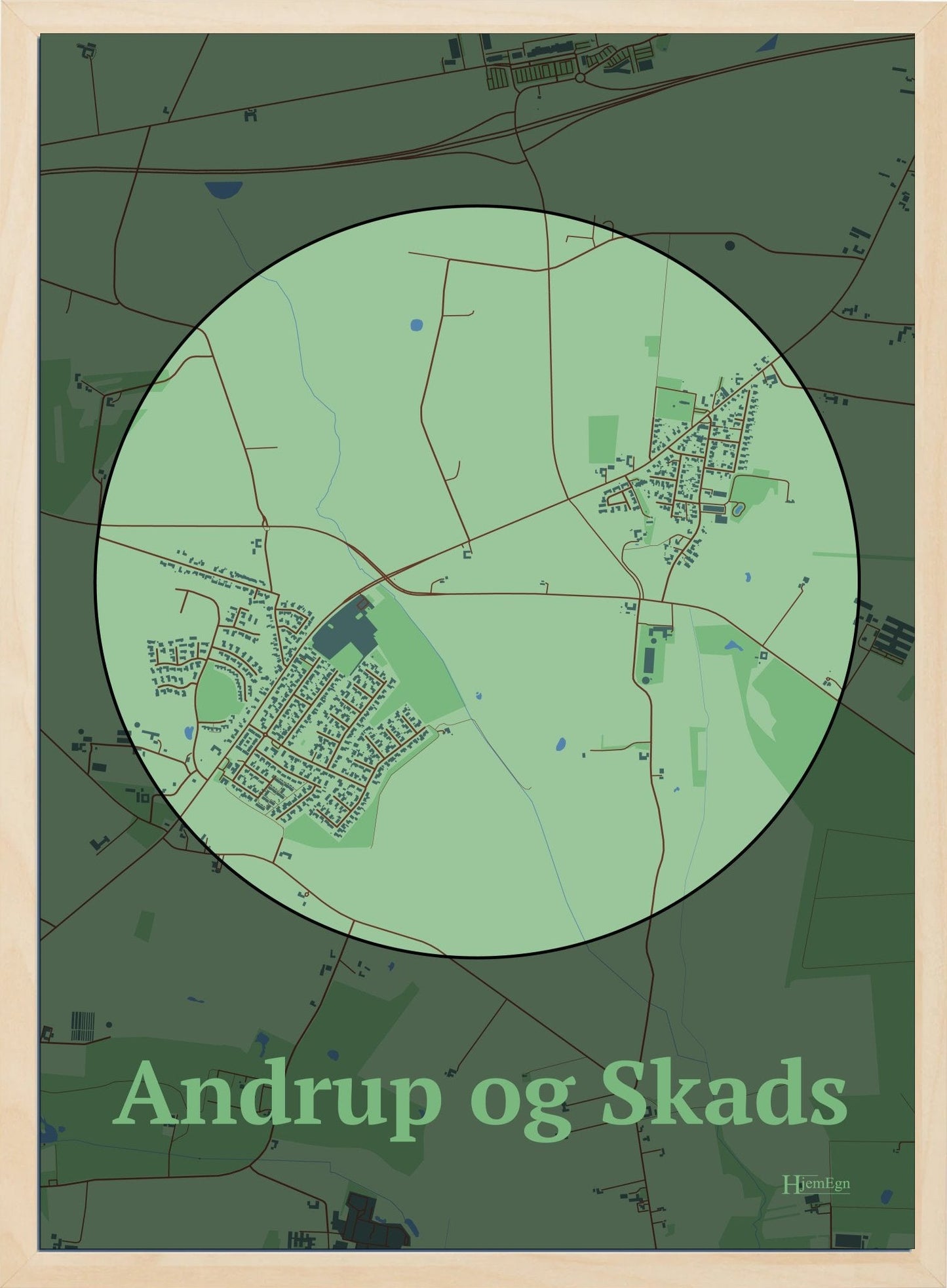 Andrup Og Skads plakat i farve pastel grøn og HjemEgn.dk design centrum. Design bykort for Andrup Og Skads