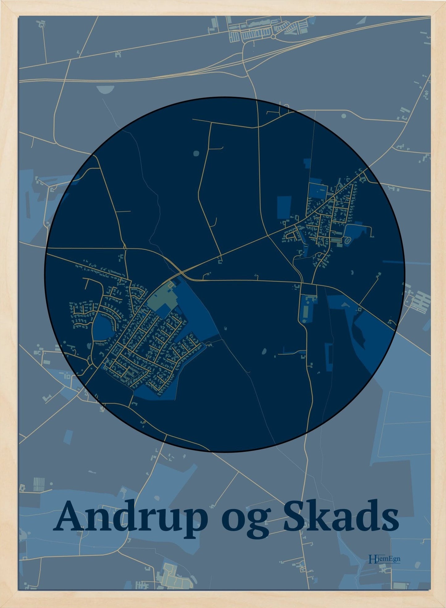 Andrup Og Skads plakat i farve mørk blå og HjemEgn.dk design centrum. Design bykort for Andrup Og Skads