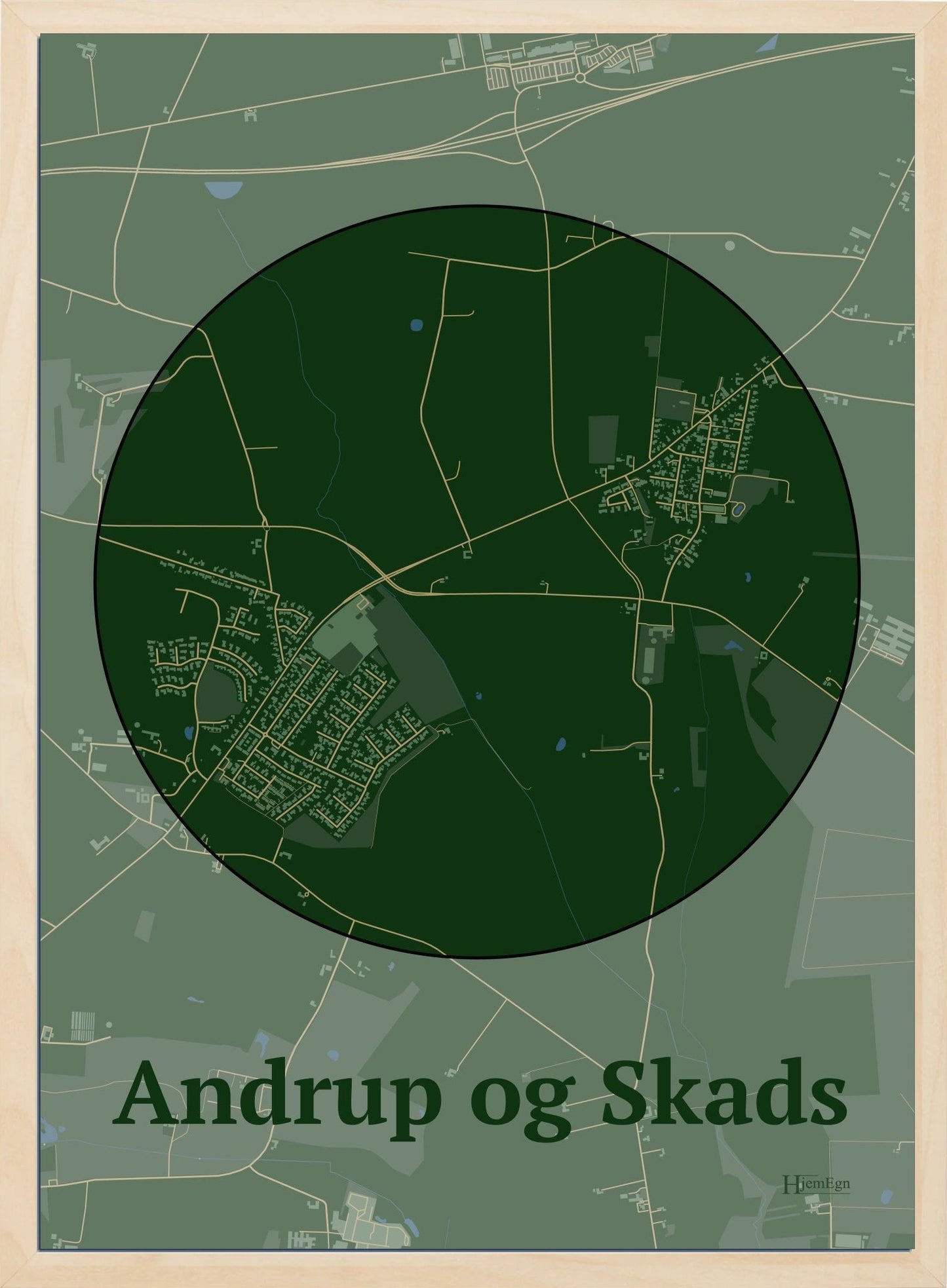 Andrup Og Skads plakat i farve mørk grøn og HjemEgn.dk design centrum. Design bykort for Andrup Og Skads
