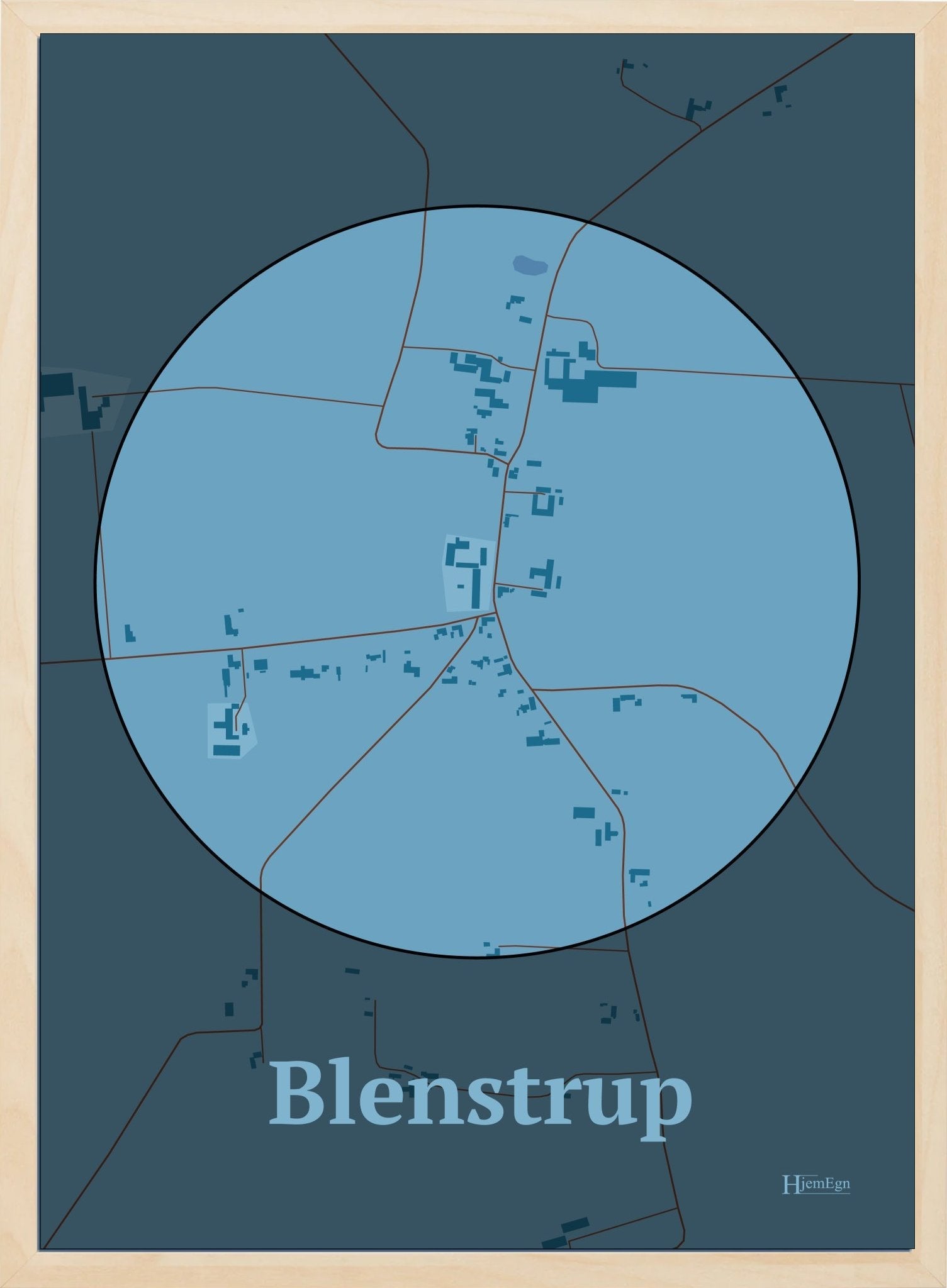 Blenstrup plakat i farve pastel blå og HjemEgn.dk design centrum. Design bykort for Blenstrup