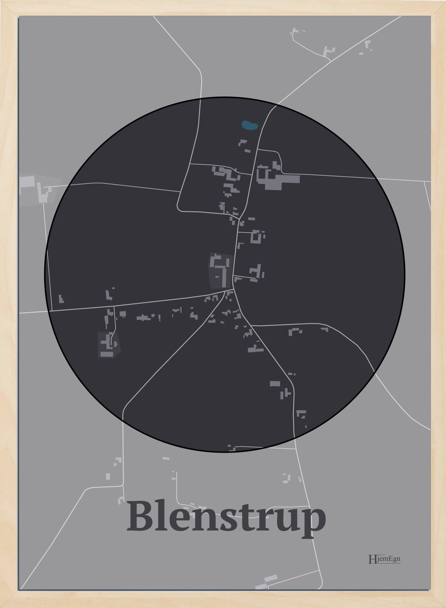 Blenstrup plakat i farve mørk brun og HjemEgn.dk design centrum. Design bykort for Blenstrup