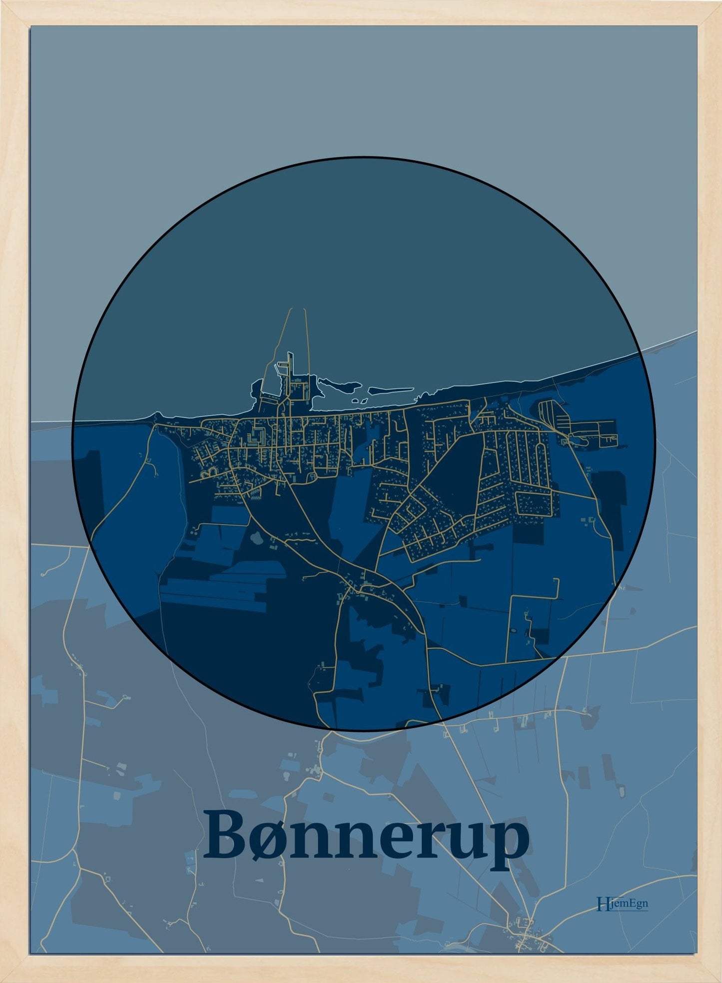 Bønnerup plakat i farve mørk blå og HjemEgn.dk design centrum. Design bykort for Bønnerup