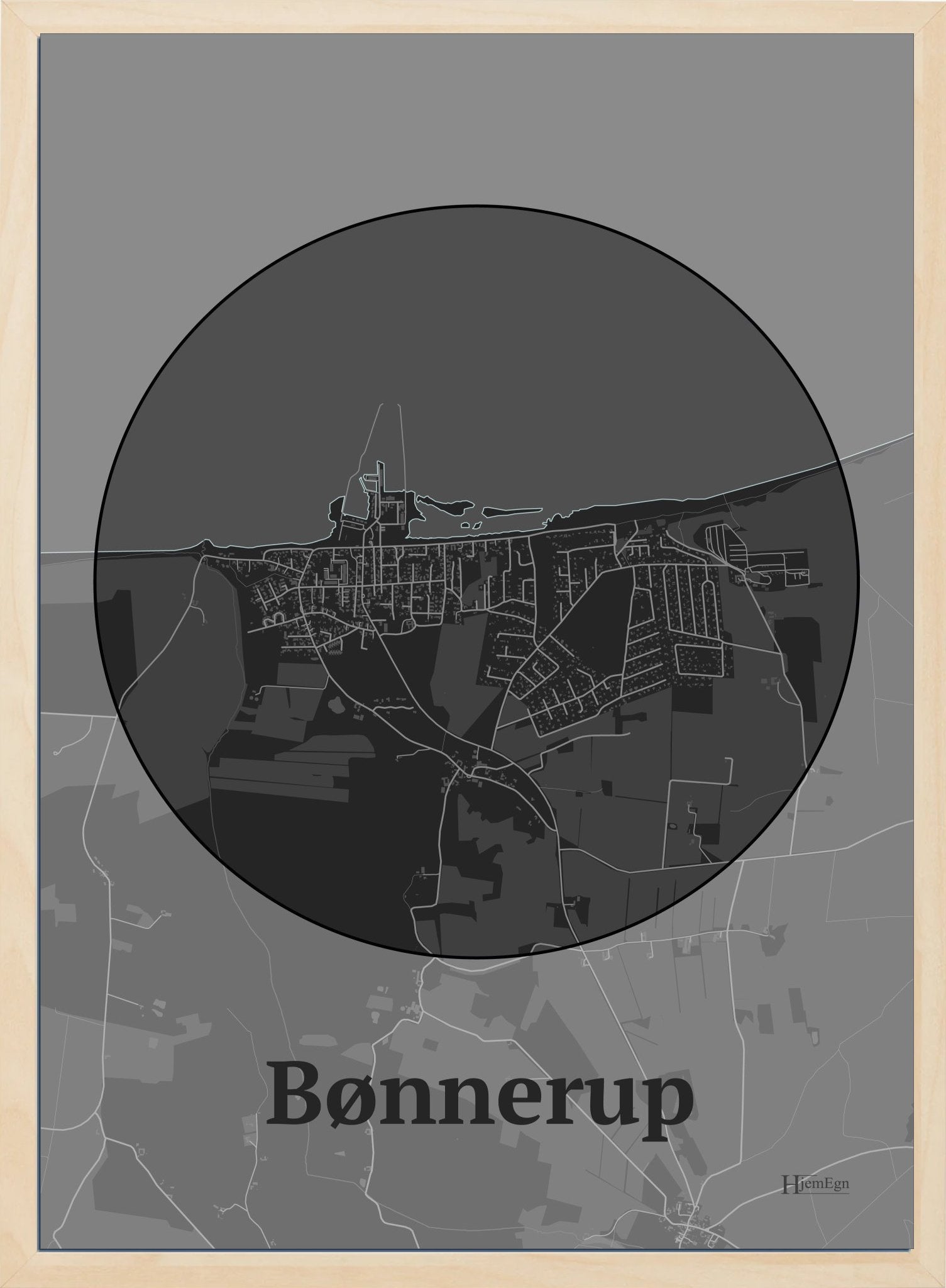 Bønnerup plakat i farve mørk grå og HjemEgn.dk design centrum. Design bykort for Bønnerup