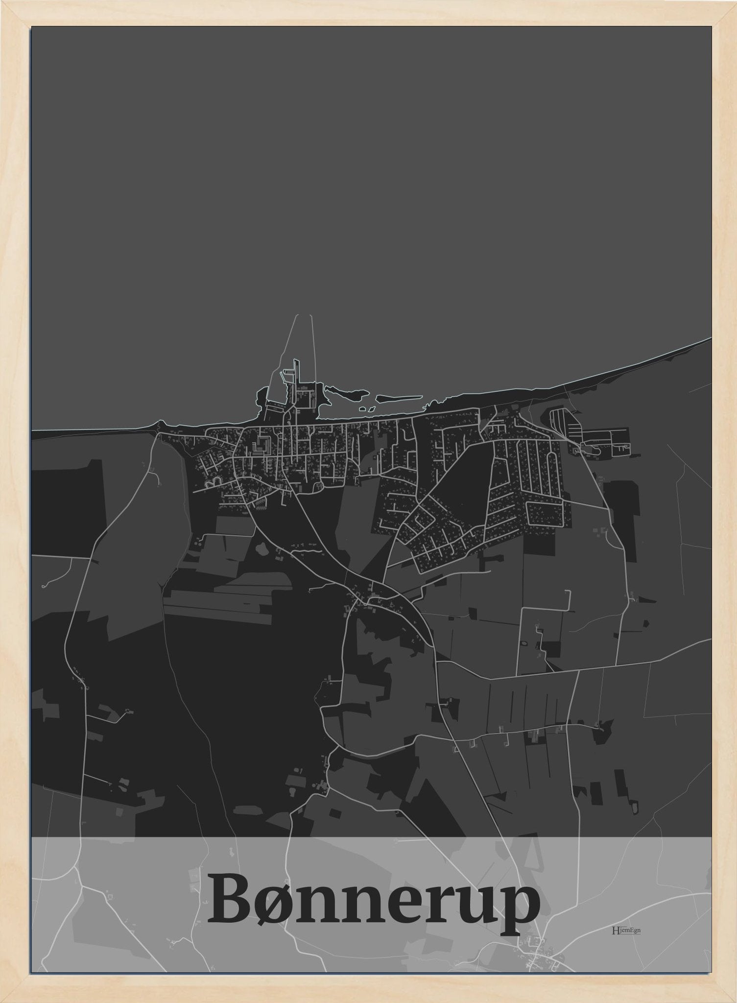 Bønnerup plakat i farve mørk grå og HjemEgn.dk design firkantet. Design bykort for Bønnerup