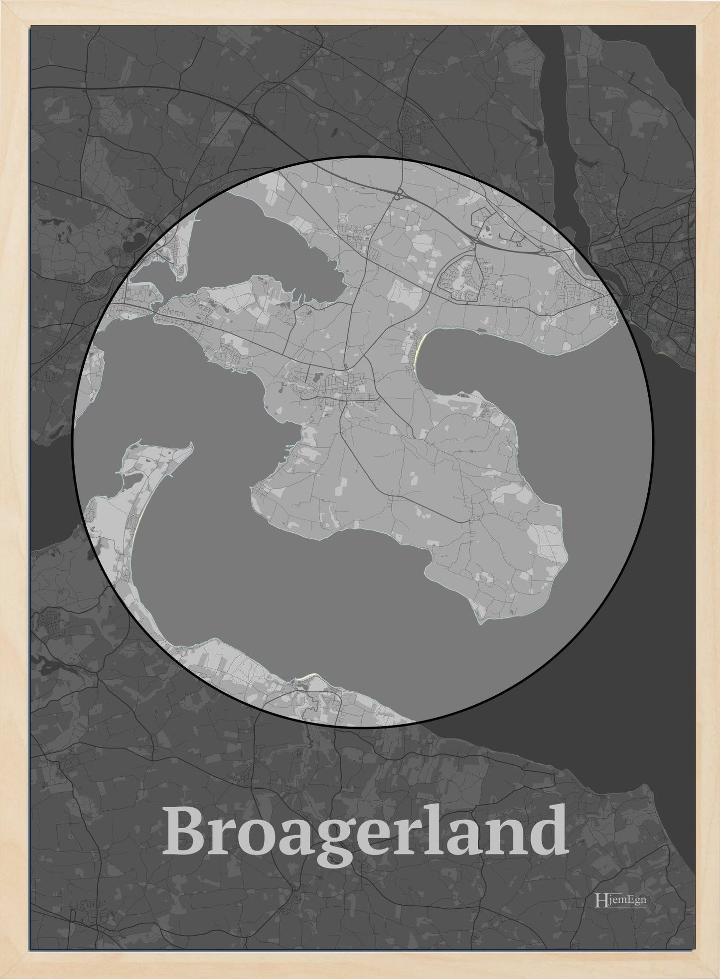 Broagerland plakat i farve pastel grå og HjemEgn.dk design centrum. Design bykort for Broagerland