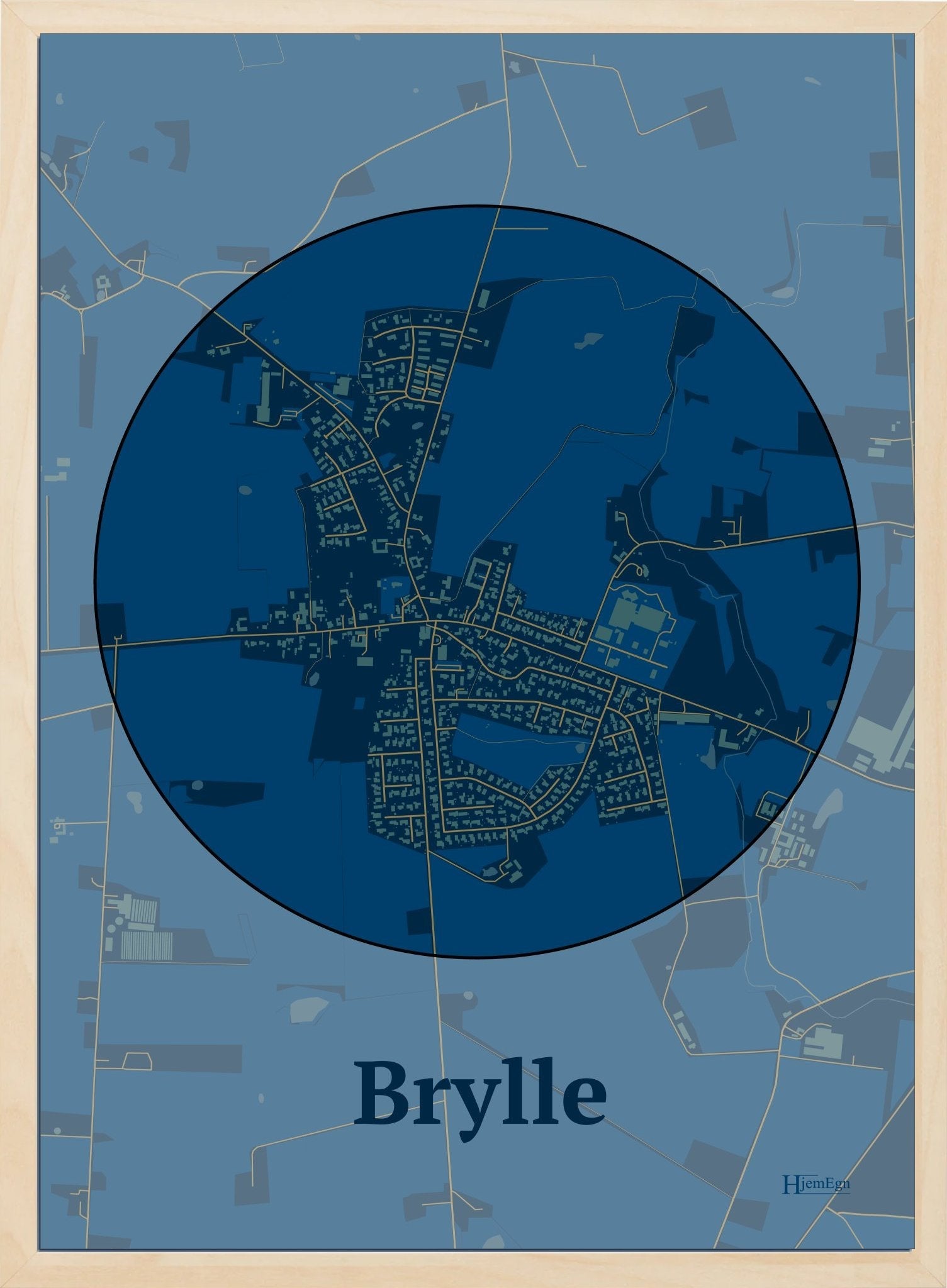 Brylle plakat i farve mørk blå og HjemEgn.dk design centrum. Design bykort for Brylle