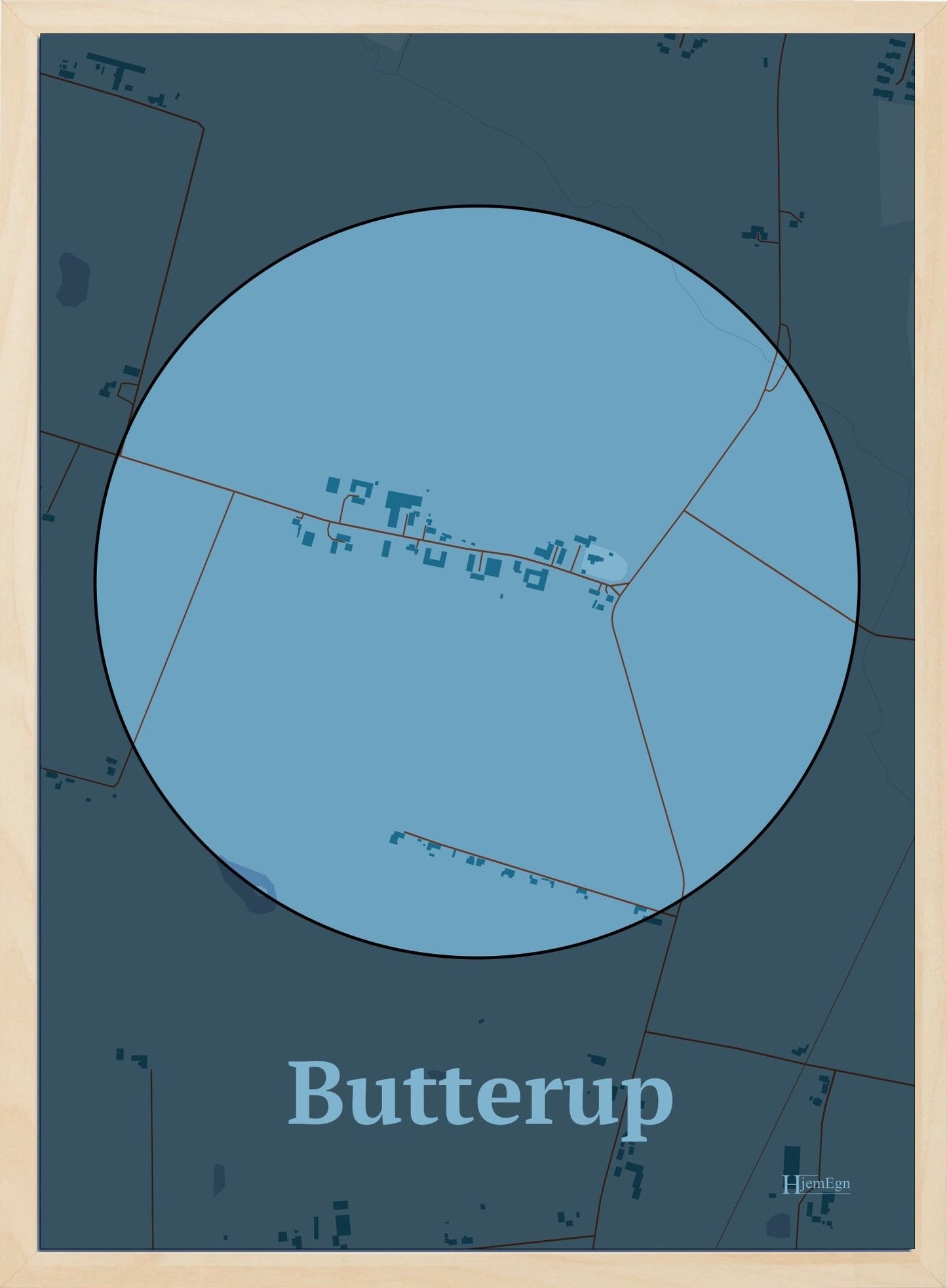 Butterup plakat i farve pastel blå og HjemEgn.dk design centrum. Design bykort for Butterup