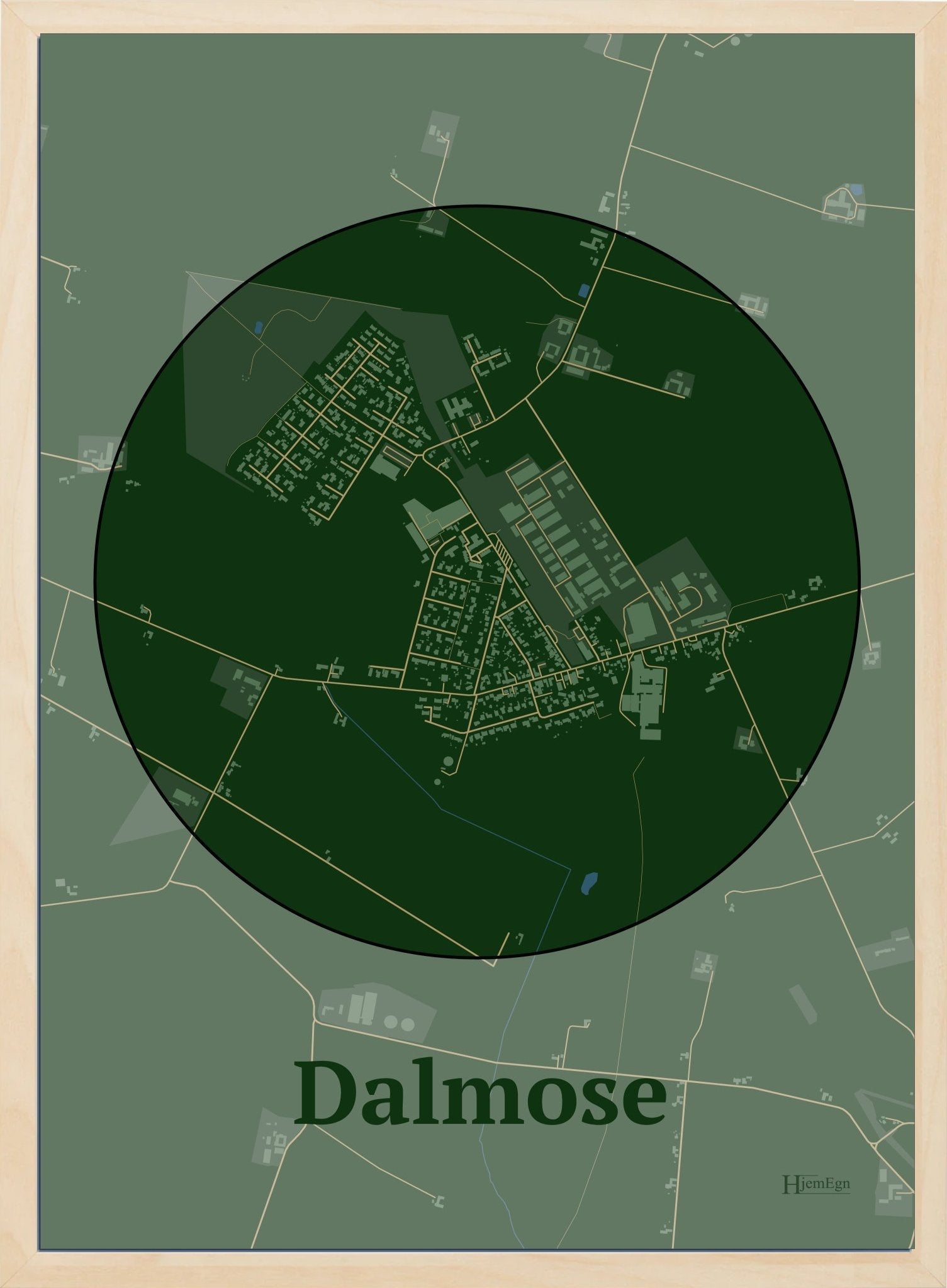 Dalmose plakat i farve mørk grøn og HjemEgn.dk design centrum. Design bykort for Dalmose