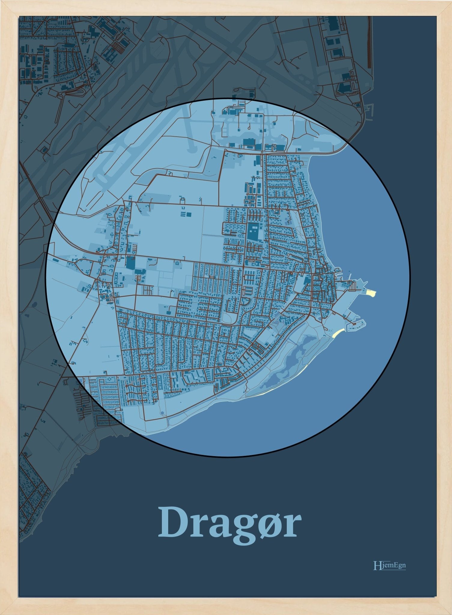 Dragør plakat i farve pastel blå og HjemEgn.dk design centrum. Design bykort for Dragør