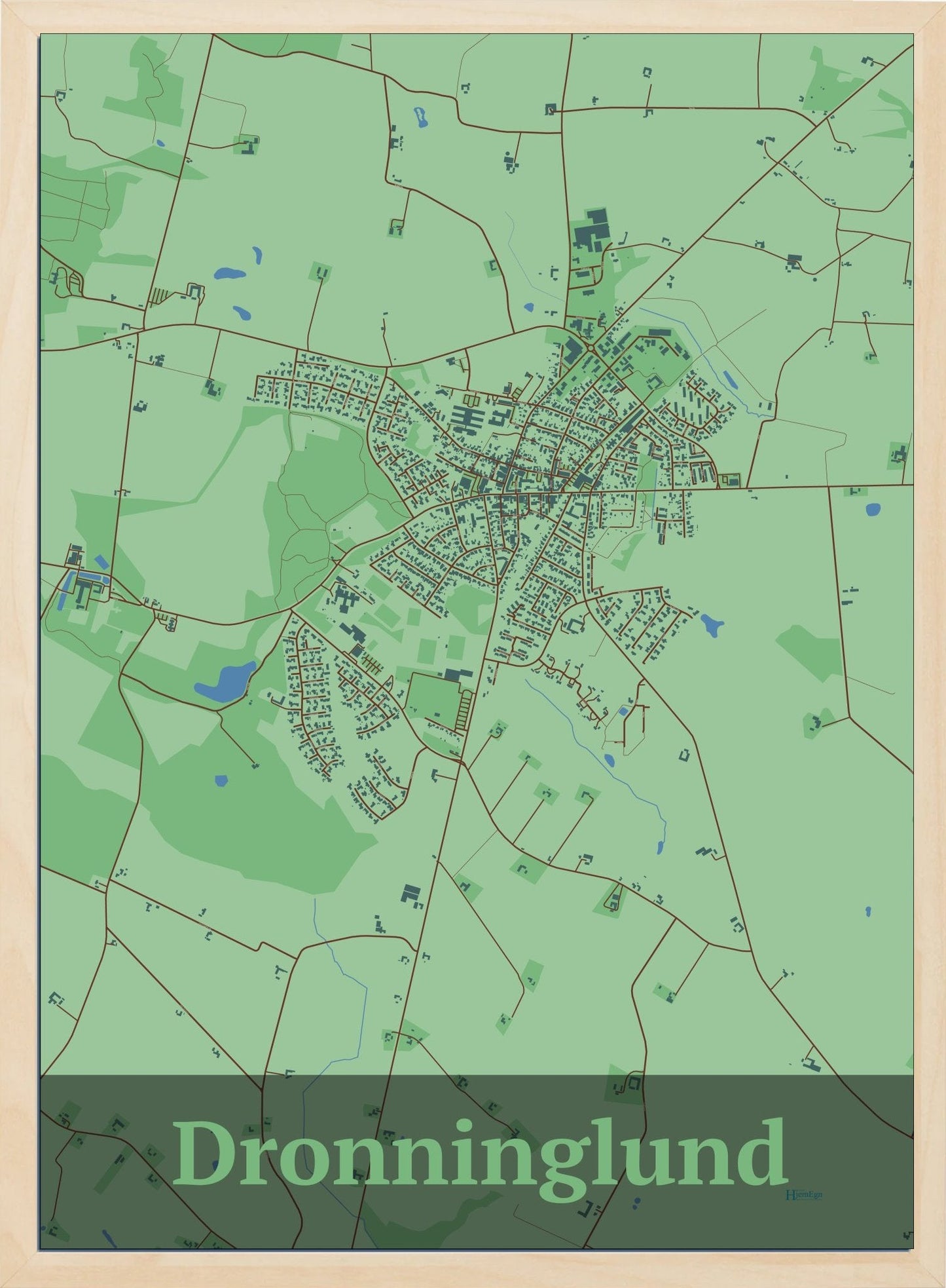 Dronninglund plakat i farve pastel grøn og HjemEgn.dk design firkantet. Design bykort for Dronninglund