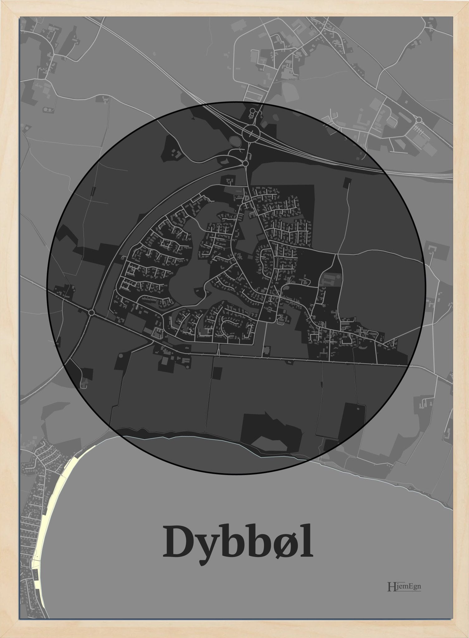 Dybbøl plakat i farve mørk grå og HjemEgn.dk design centrum. Design bykort for Dybbøl