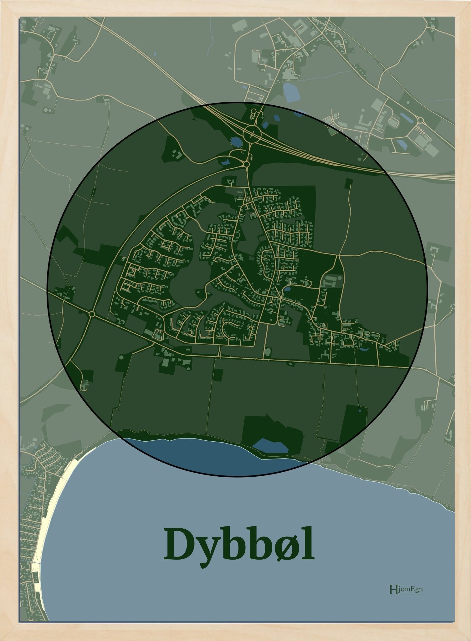 Dybbøl plakat i farve mørk grøn og HjemEgn.dk design centrum. Design bykort for Dybbøl