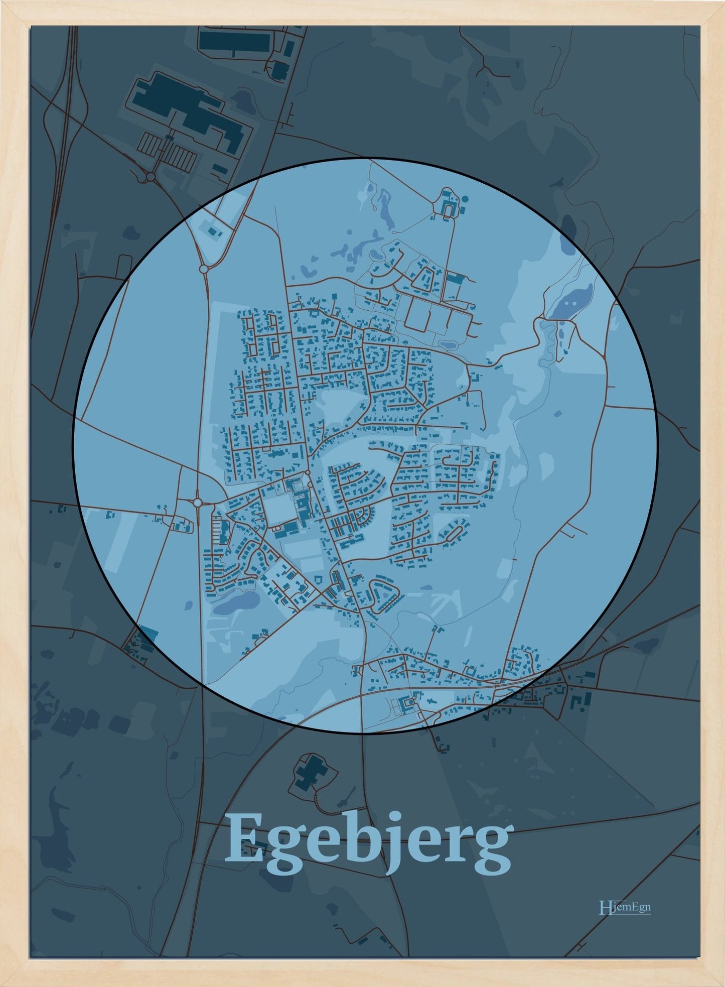 Egebjerg plakat i farve pastel blå og HjemEgn.dk design centrum. Design bykort for Egebjerg