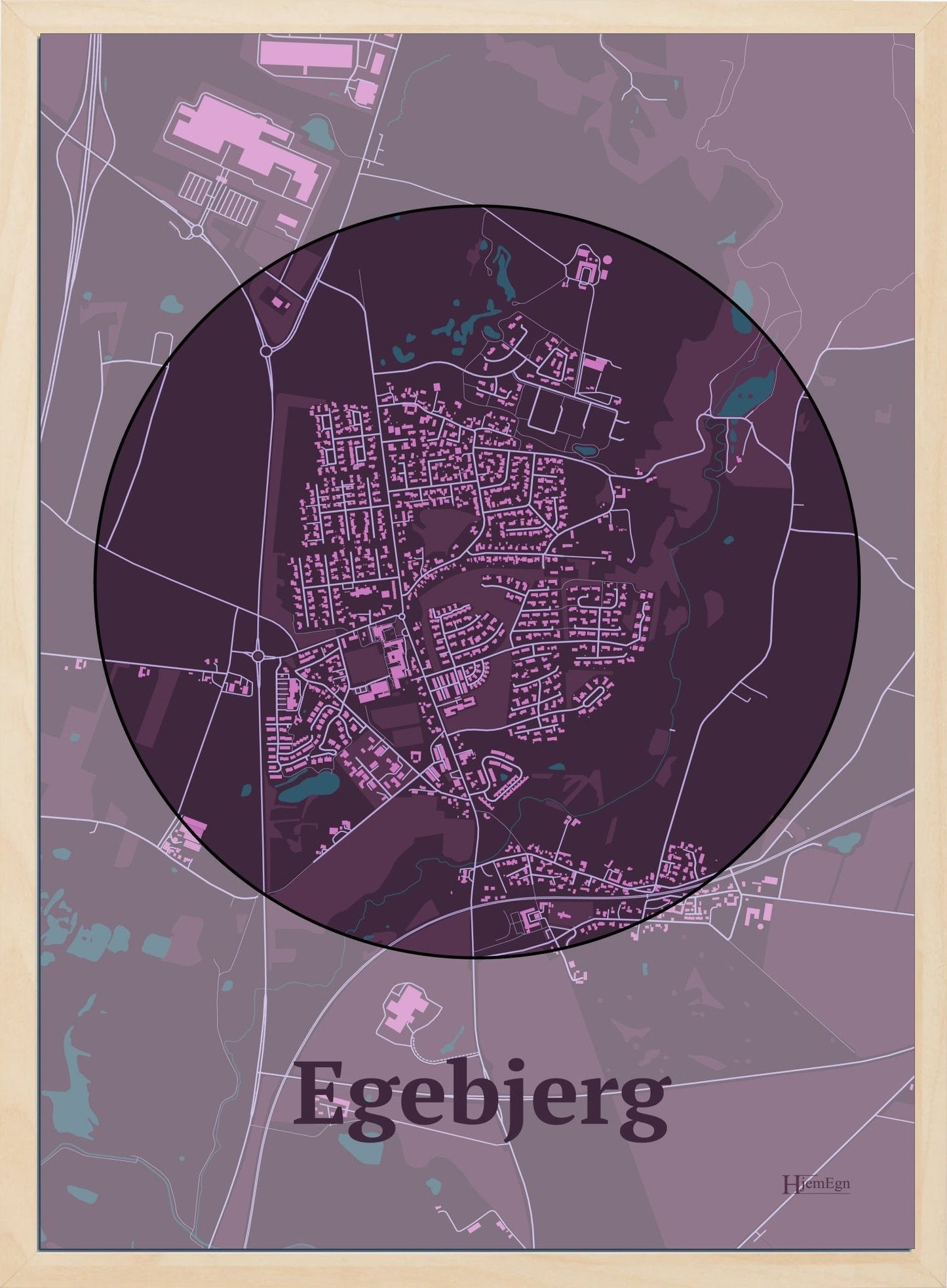 Egebjerg plakat i farve mørk rød og HjemEgn.dk design centrum. Design bykort for Egebjerg