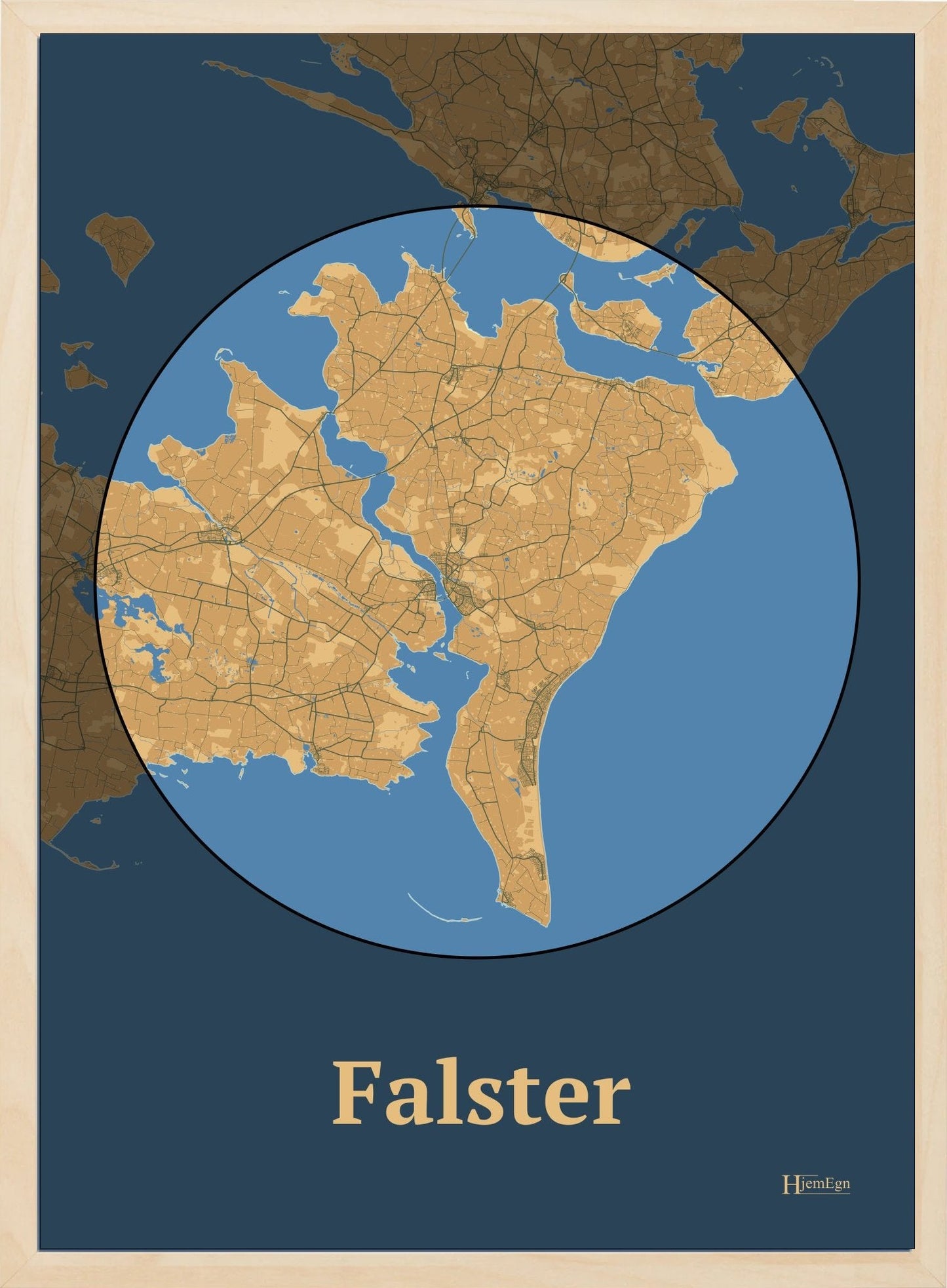 Falster plakat i farve pastel brun og HjemEgn.dk design centrum. Design ø-kort for Falster