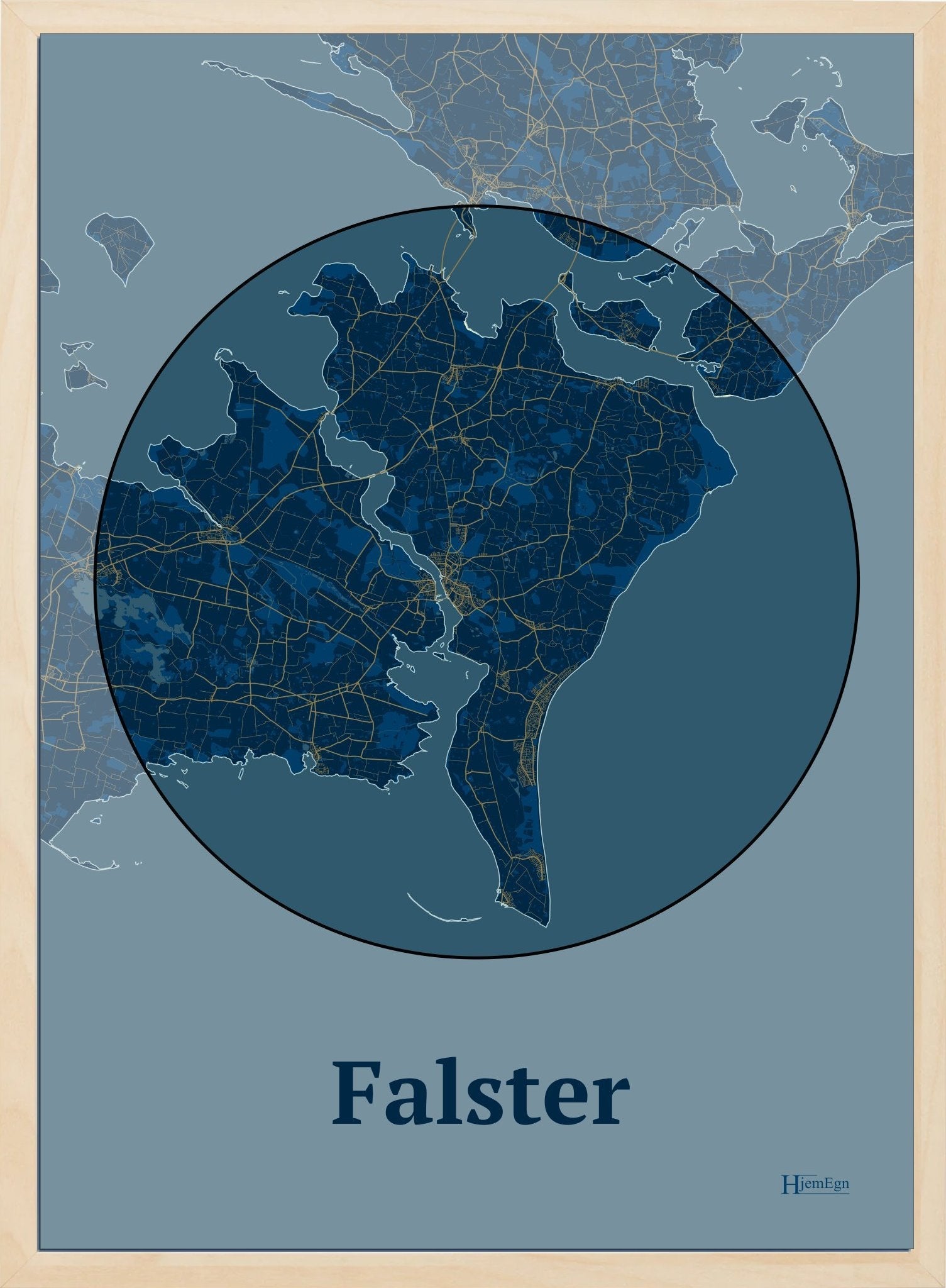 Falster plakat i farve mørk blå og HjemEgn.dk design centrum. Design ø-kort for Falster