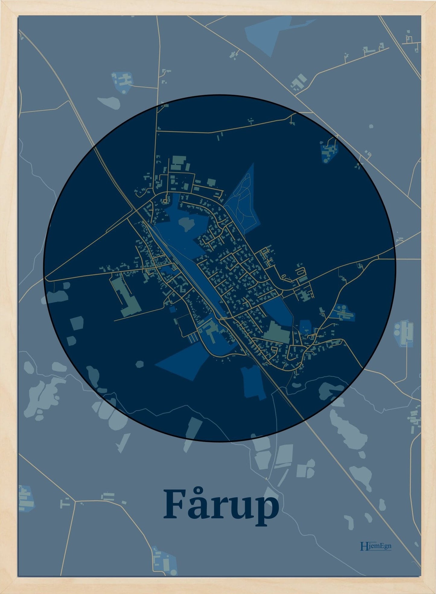 Fårup plakat i farve mørk blå og HjemEgn.dk design centrum. Design bykort for Fårup