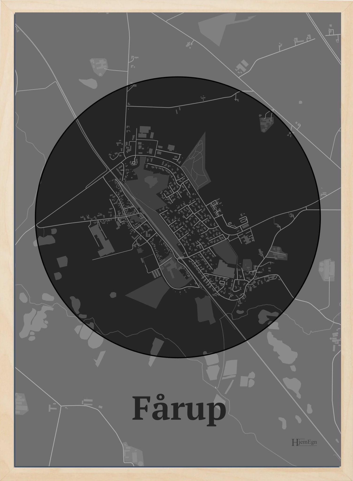 Fårup plakat i farve mørk grå og HjemEgn.dk design centrum. Design bykort for Fårup