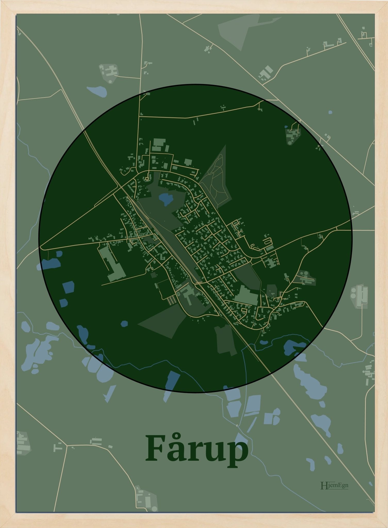 Fårup plakat i farve mørk grøn og HjemEgn.dk design centrum. Design bykort for Fårup