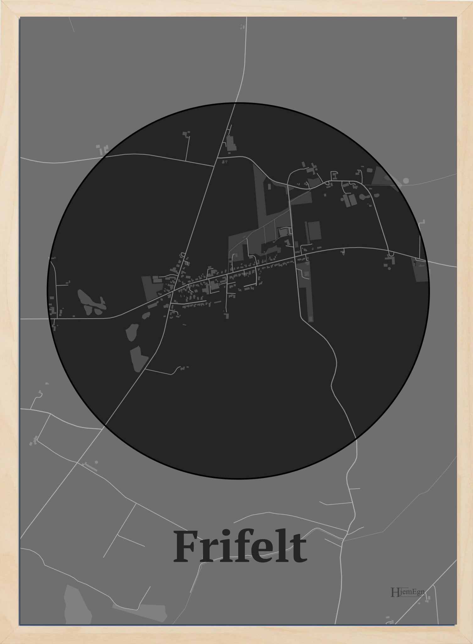 Frifelt plakat i farve mørk grå og HjemEgn.dk design centrum. Design bykort for Frifelt