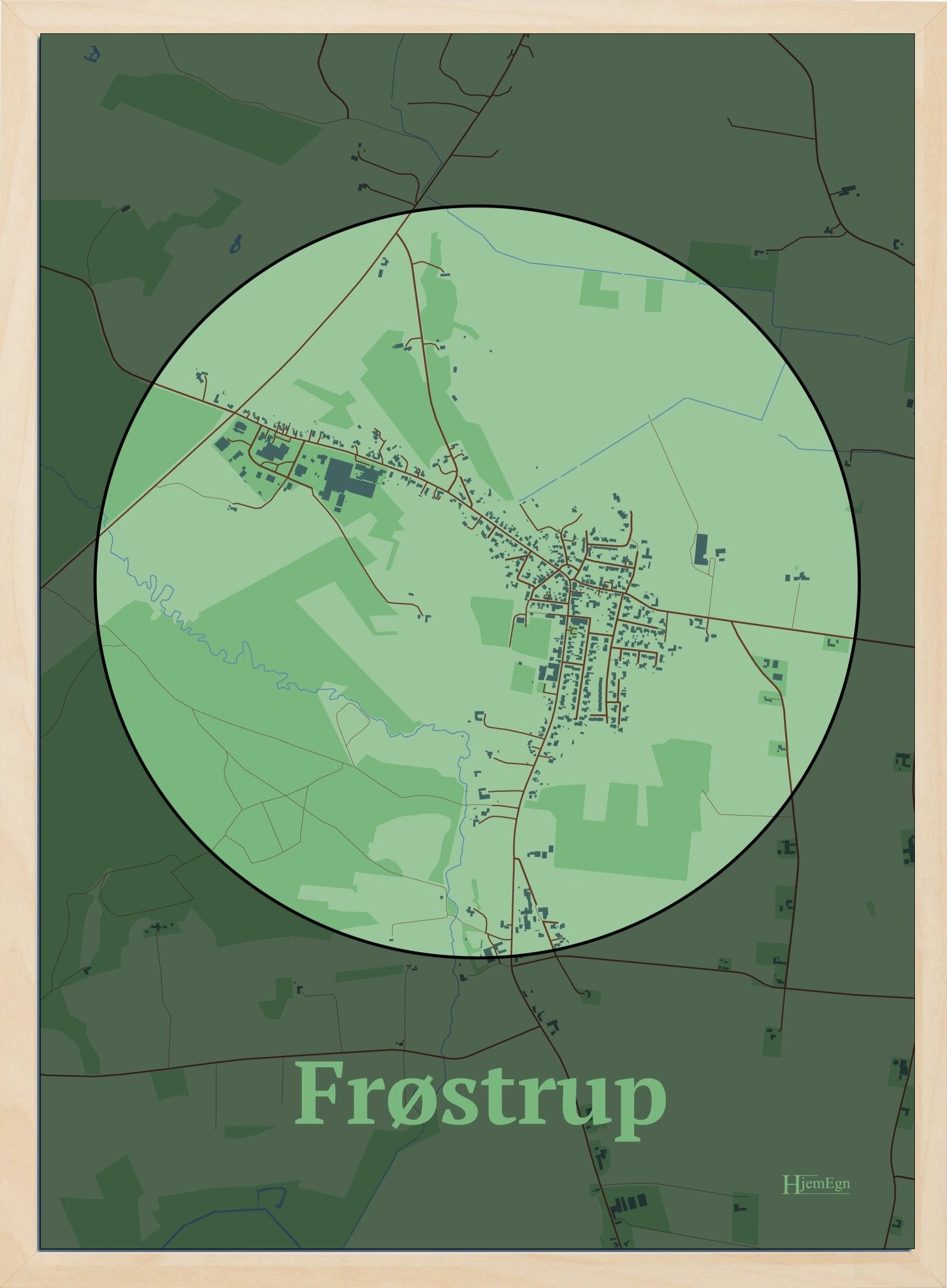 Frøstrup plakat i farve pastel grøn og HjemEgn.dk design centrum. Design bykort for Frøstrup