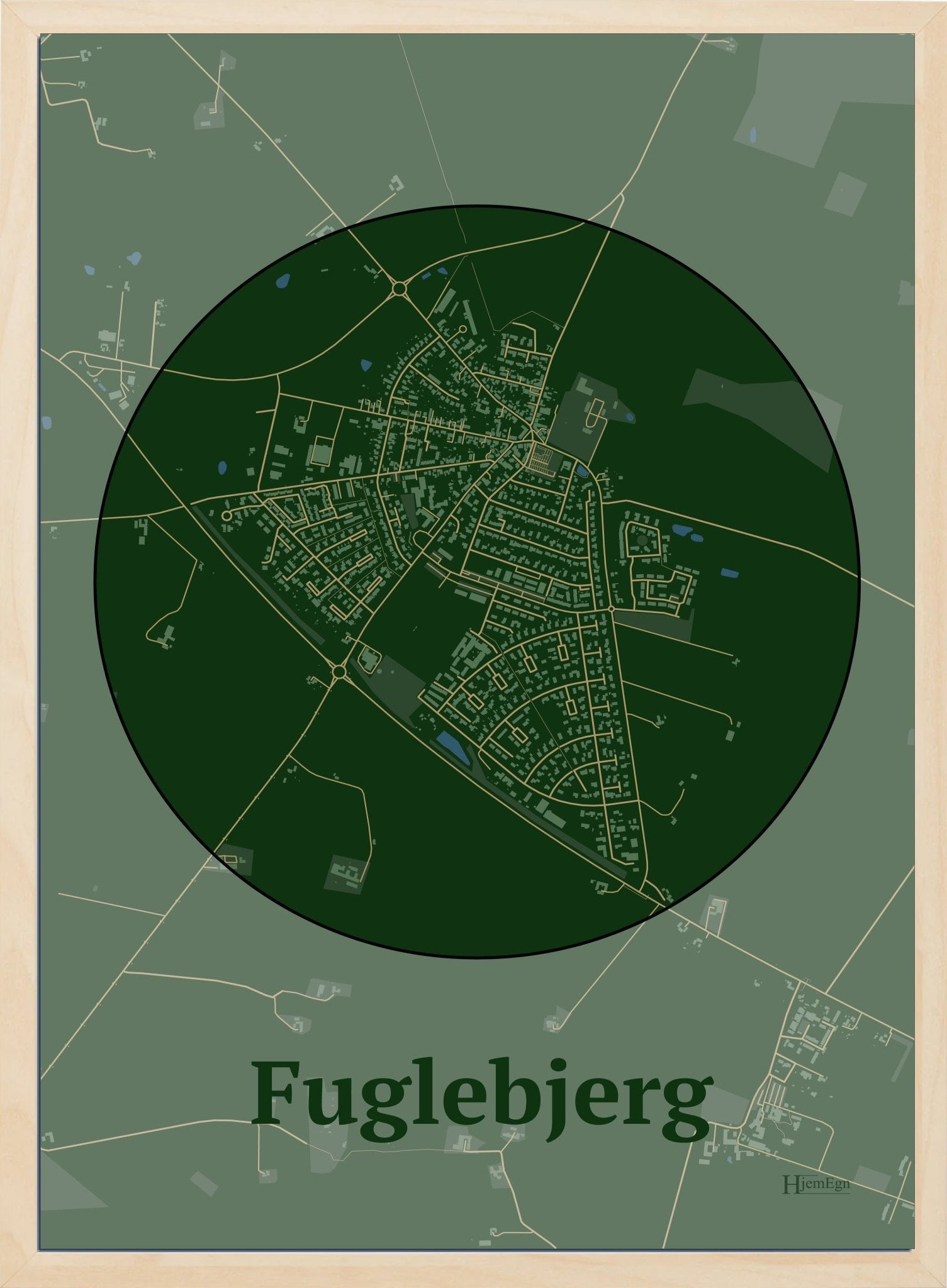 Fuglebjerg plakat i farve mørk grøn og HjemEgn.dk design centrum. Design bykort for Fuglebjerg