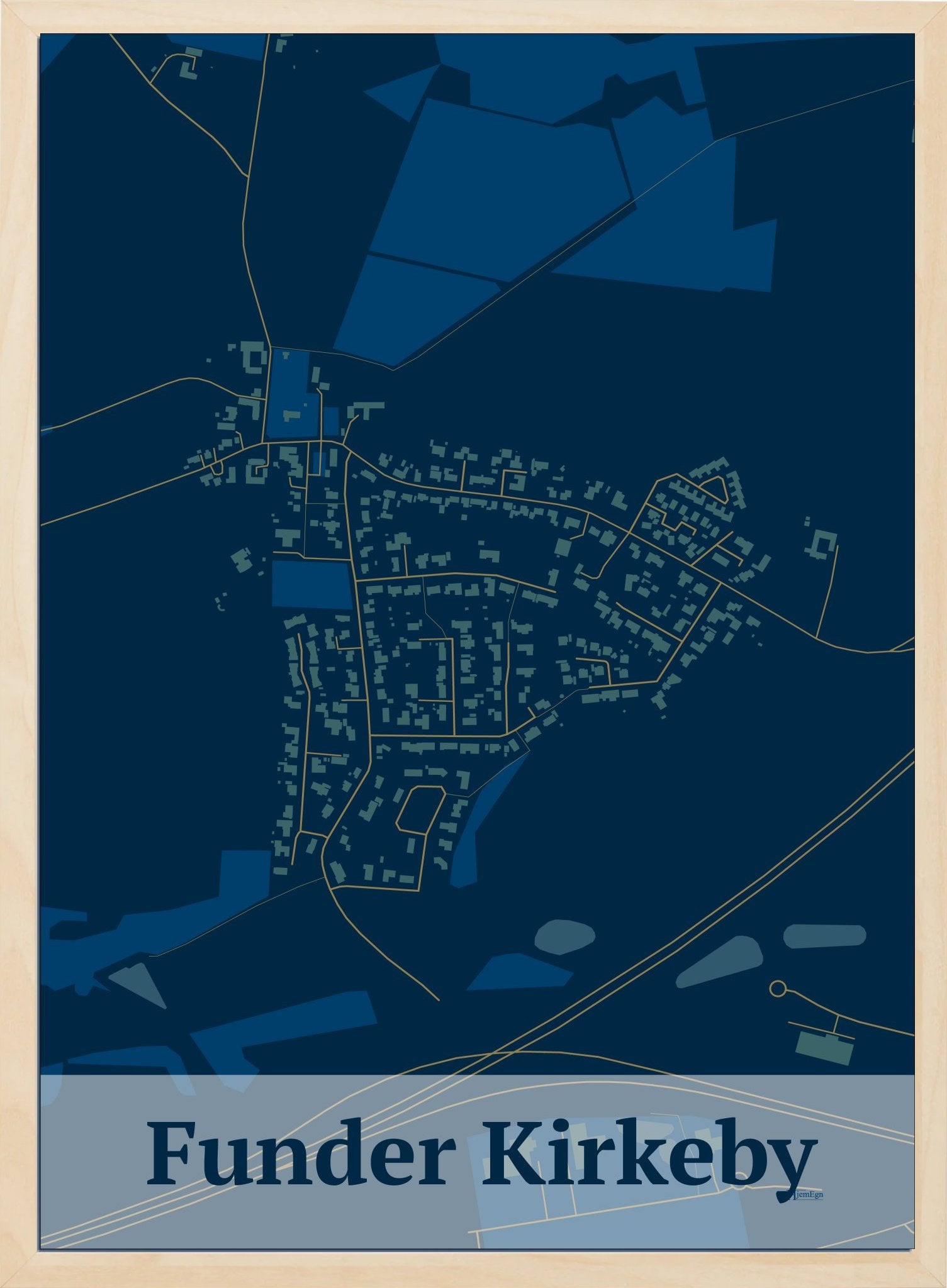 Funder Kirkeby plakat i farve mørk blå og HjemEgn.dk design firkantet. Design bykort for Funder Kirkeby