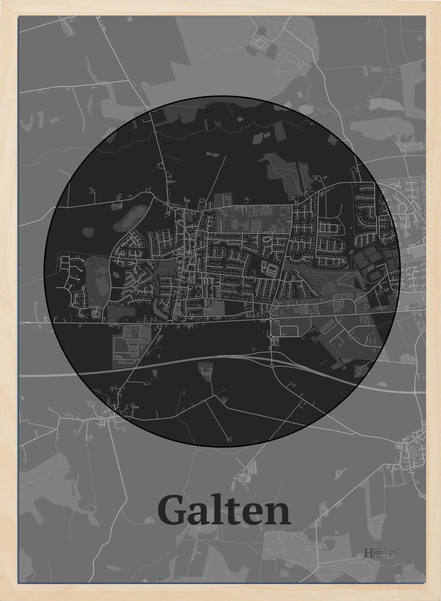 Galten plakat i farve mørk grå og HjemEgn.dk design centrum. Design bykort for Galten