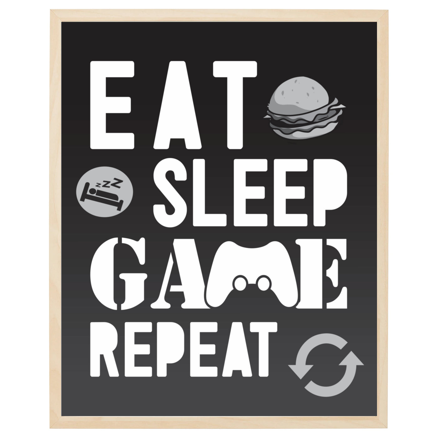 gamer plakat med teksten eat sleep game repeat