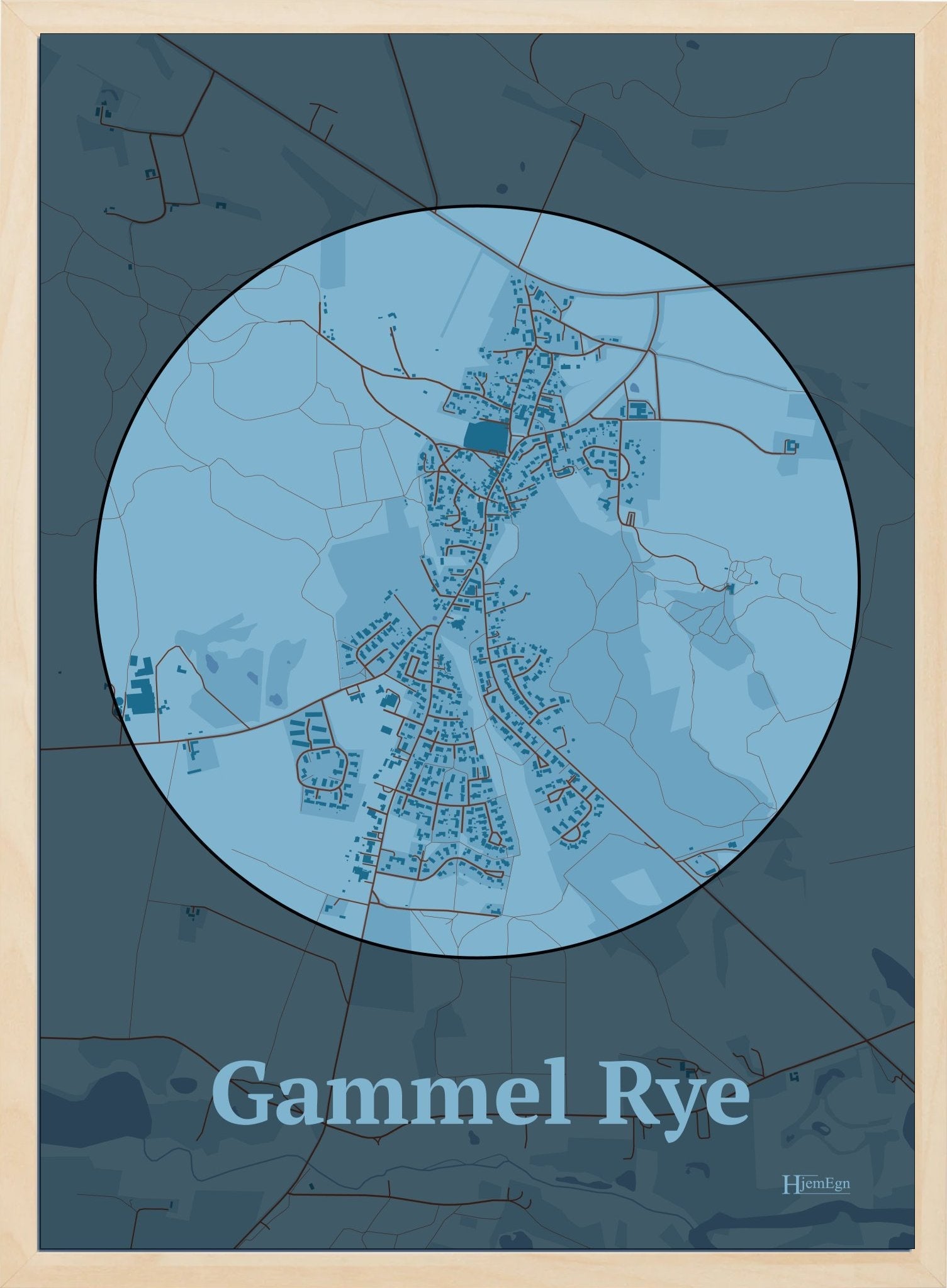 Gammel Rye plakat i farve pastel blå og HjemEgn.dk design centrum. Design bykort for Gammel Rye