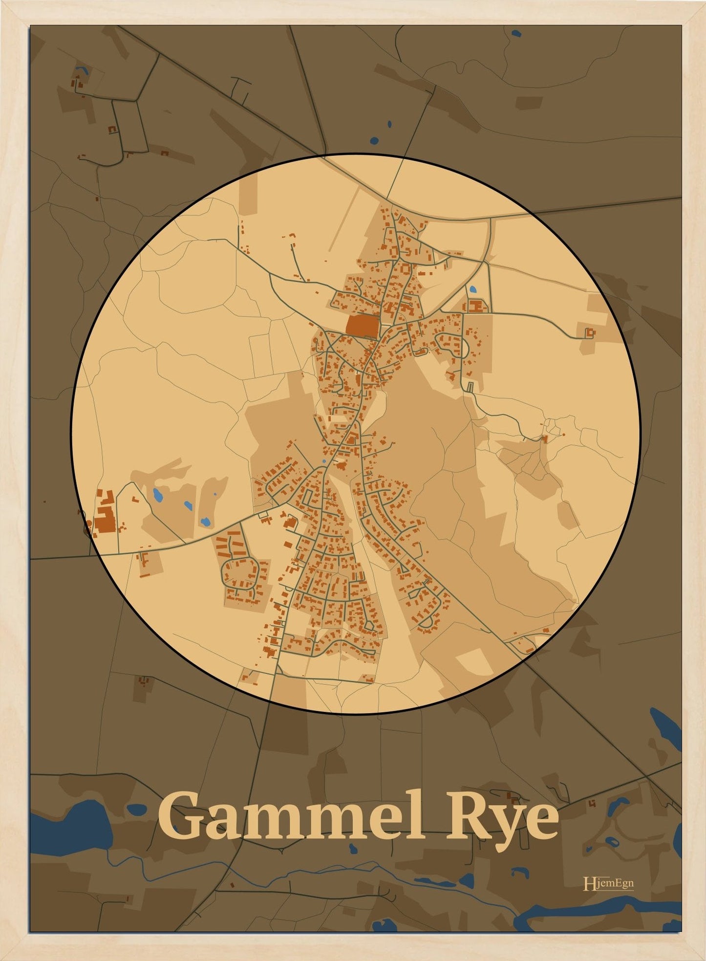 Gammel Rye plakat i farve pastel brun og HjemEgn.dk design centrum. Design bykort for Gammel Rye