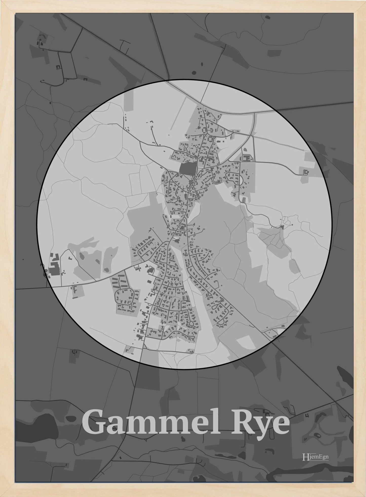 Gammel Rye plakat i farve pastel grå og HjemEgn.dk design centrum. Design bykort for Gammel Rye