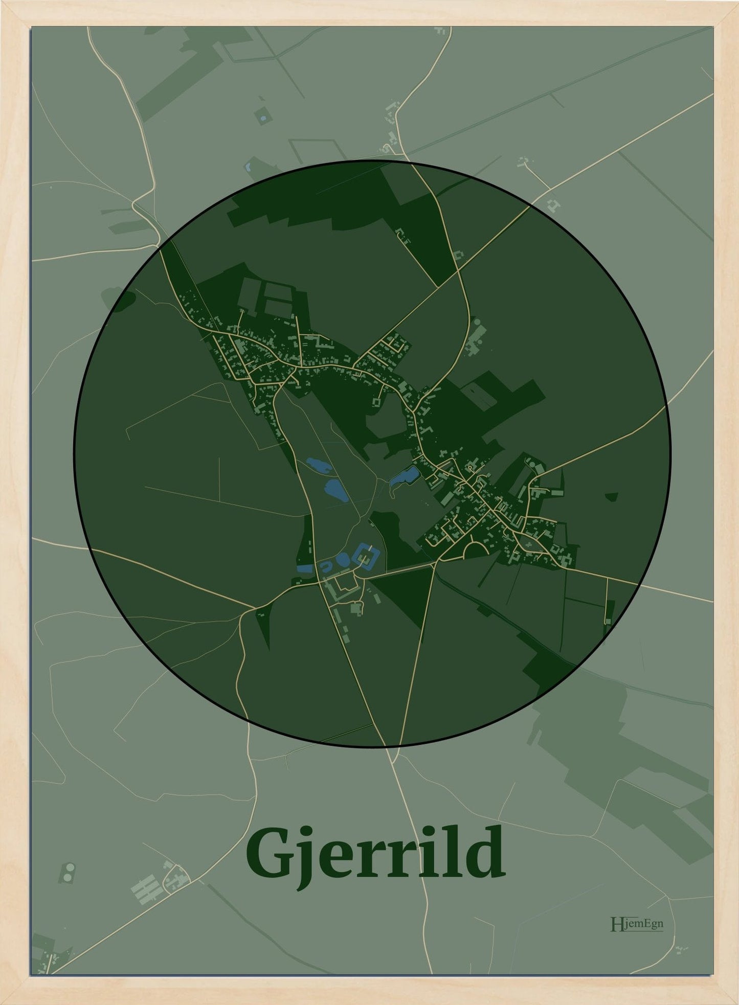 Gjerrild plakat i farve mørk grøn og HjemEgn.dk design centrum. Design bykort for Gjerrild